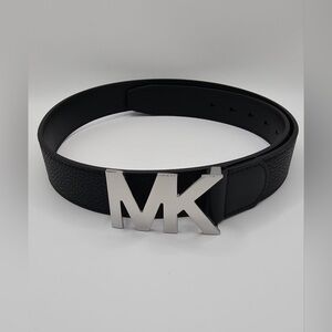 Michael Kors MK Black Leather Belt Silver Logo Buckle NWT Medium 34